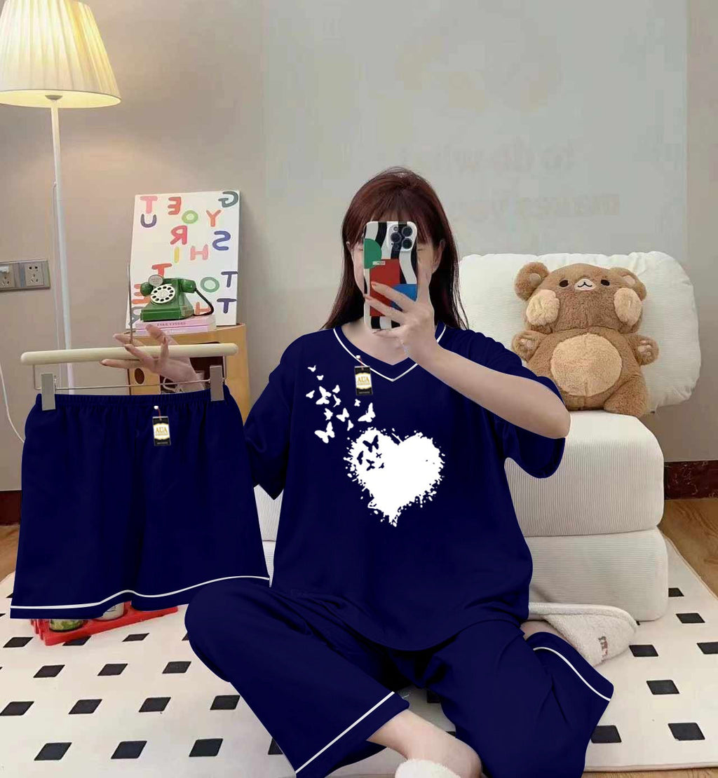 3-Piece Cami Nightwear Set for Women with Elegant White Borders Dark Blue Flying Heart