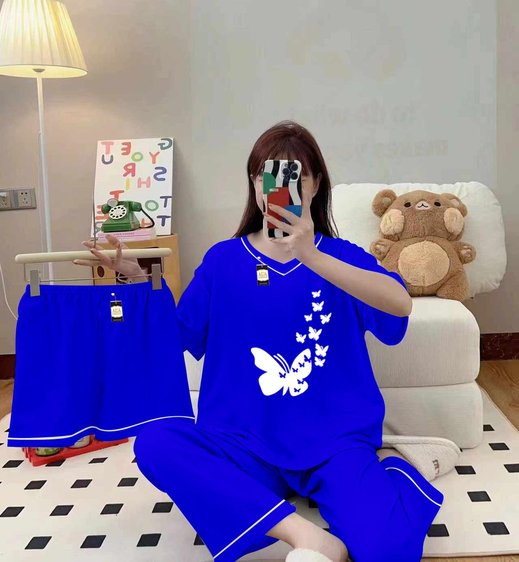 3-Piece Cami Nightwear Set for Women with Elegant White Borders Sky Blue Flying Butterfly Heart