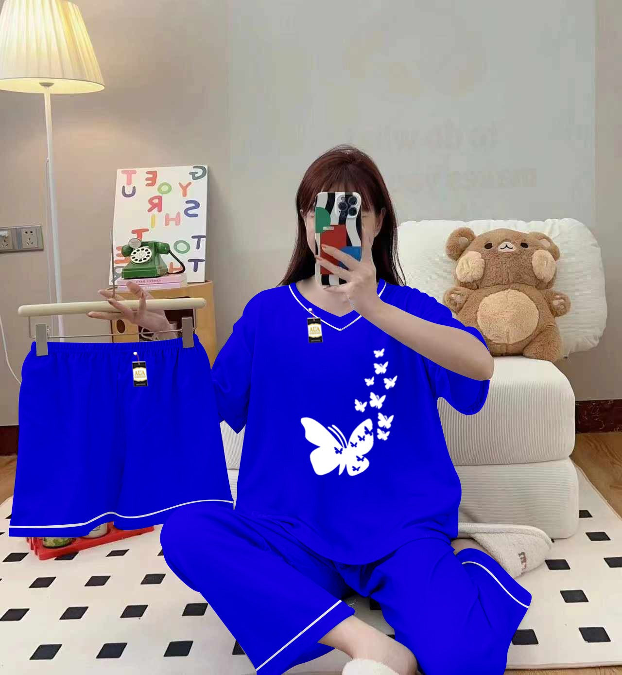 3-Piece Cami Nightwear Set for Women with Elegant White Borders Sky Blue Flying Butterfly Heart