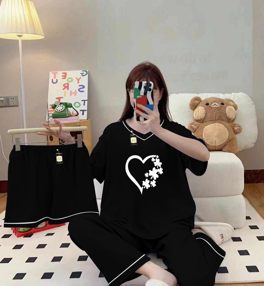 3-Piece Cami Nightwear Set for Women with Elegant White Borders Black Women Heart