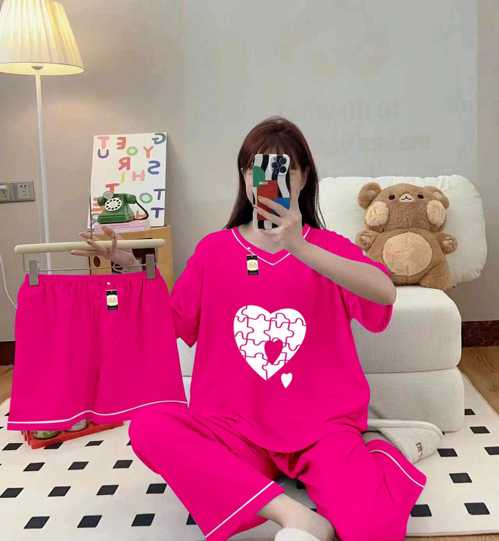 3-Piece Cami Nightwear Set for Women with Elegant White Borders PINK PUZZEL Heart