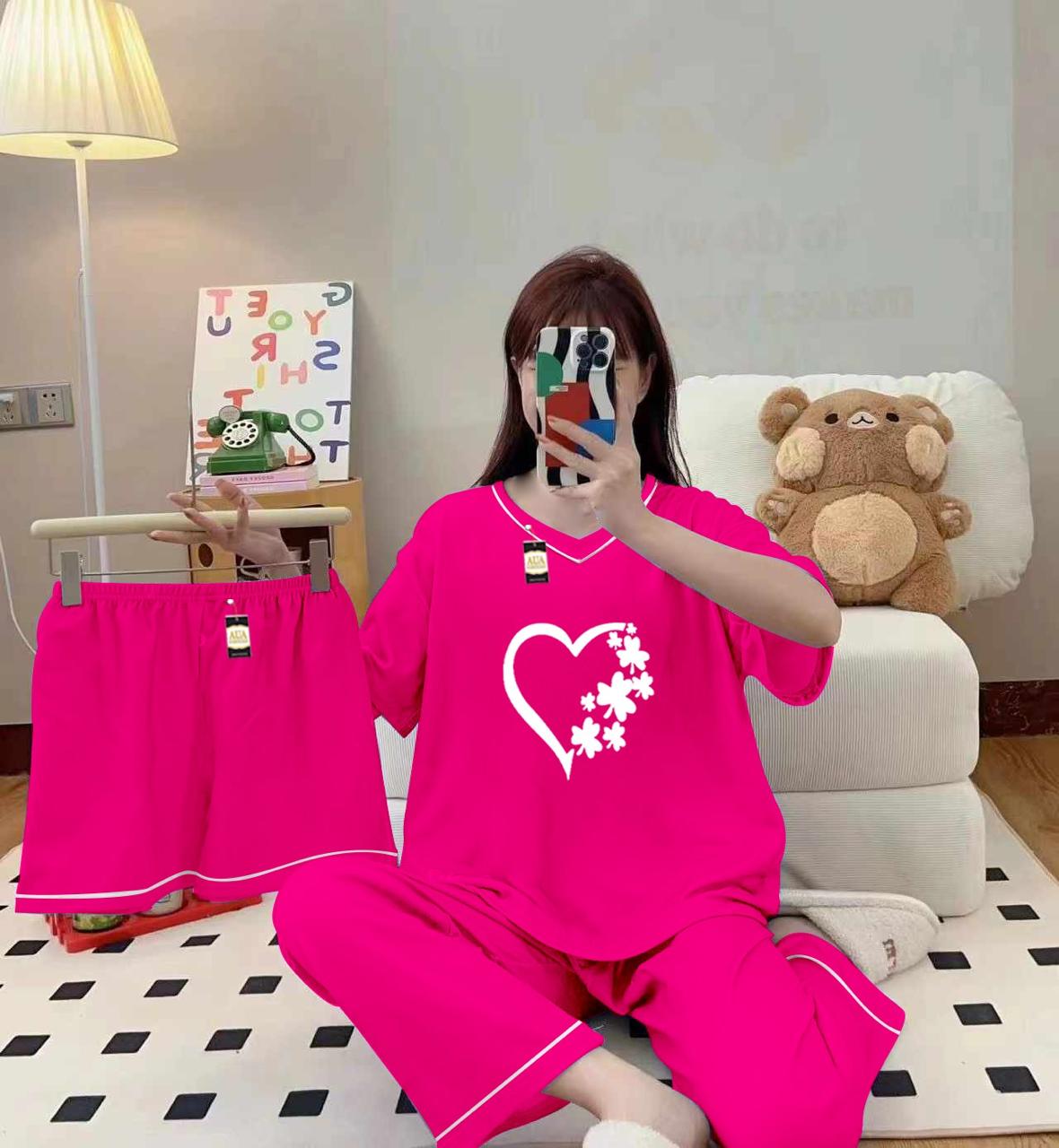 3-Piece Cami Nightwear Set for Women with Elegant White Borders PINK WOMEN Heart