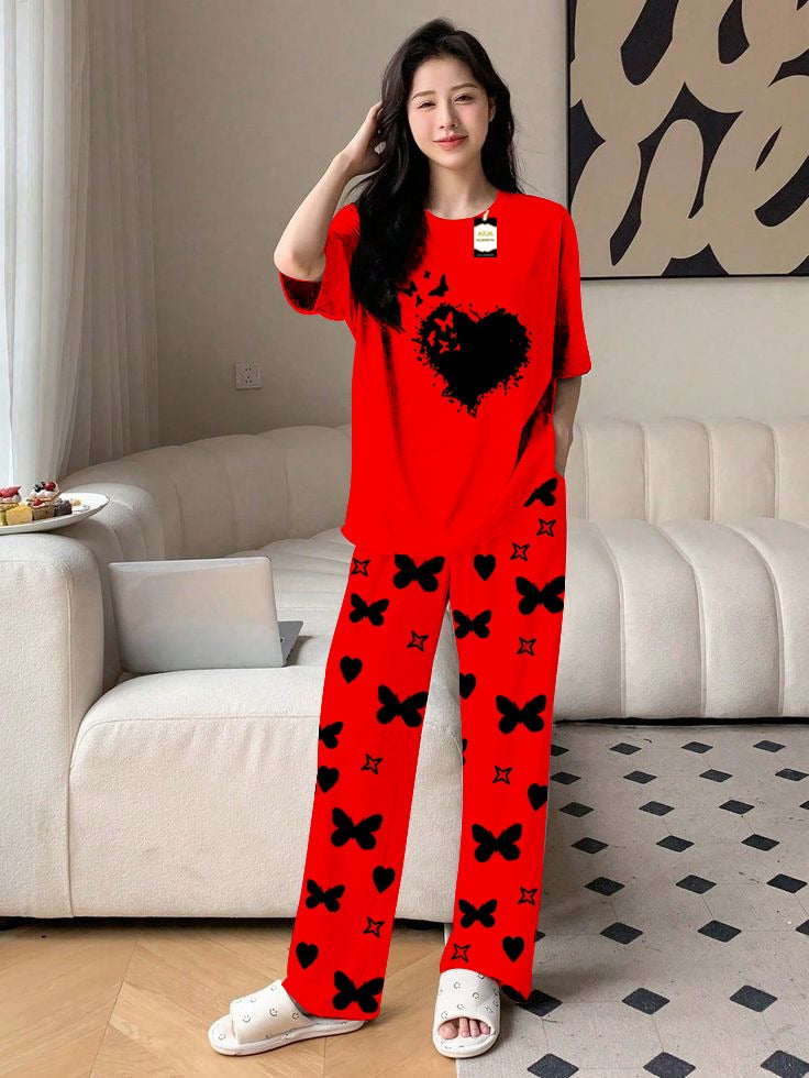 Red Flying Heart Printed Nightwear Set With Star Butterfly Printed Trousers – Women's Lounge Wear (010)