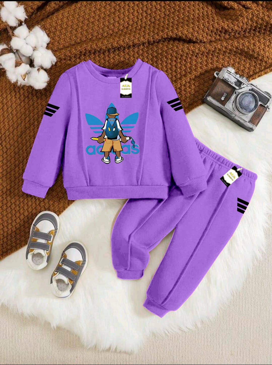 Adi-das Boys Sweatshirt & Trouser Set | Kids Fleece Winter Outfit (1-10 Years) (Backpack Boy Cartoon Print Adi-das)