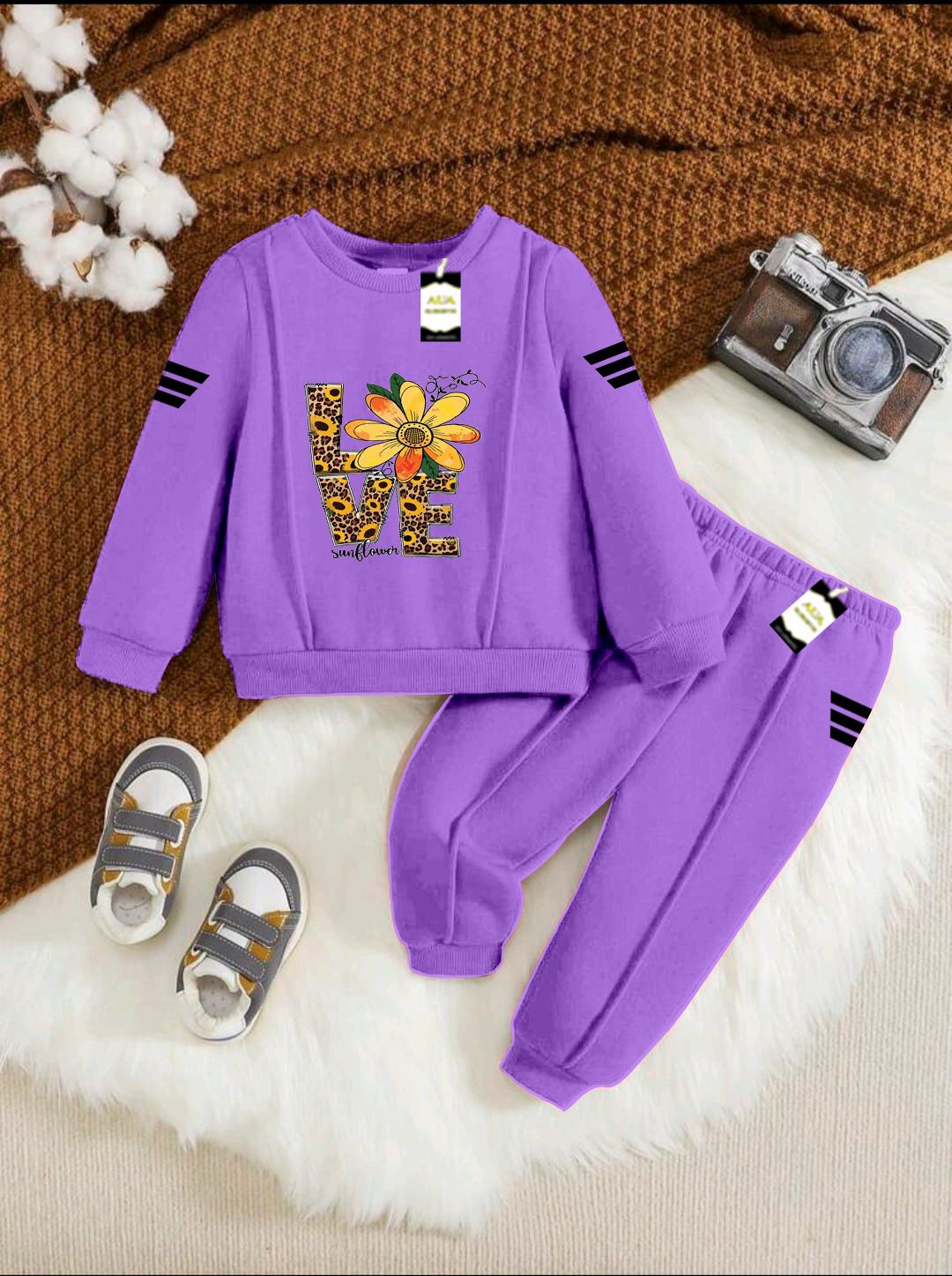 Girls Sweatshirt & Trouser Set | Kids Fleece Winter Outfit (1-10 Years) (Sunflower Love Print )