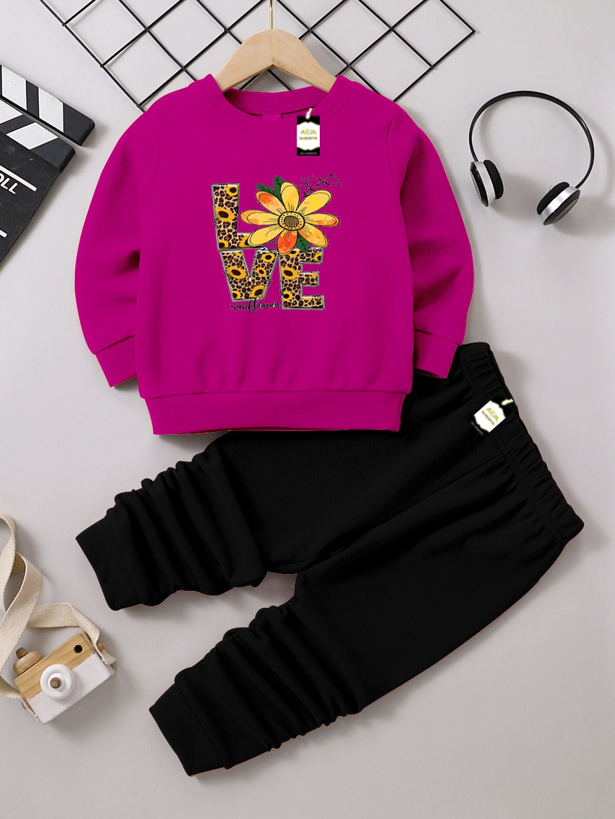 Girls Sweatshirt & Trouser Set | Kids Fleece Winter Outfit (1-10 Years) (Sunflower Love Print )