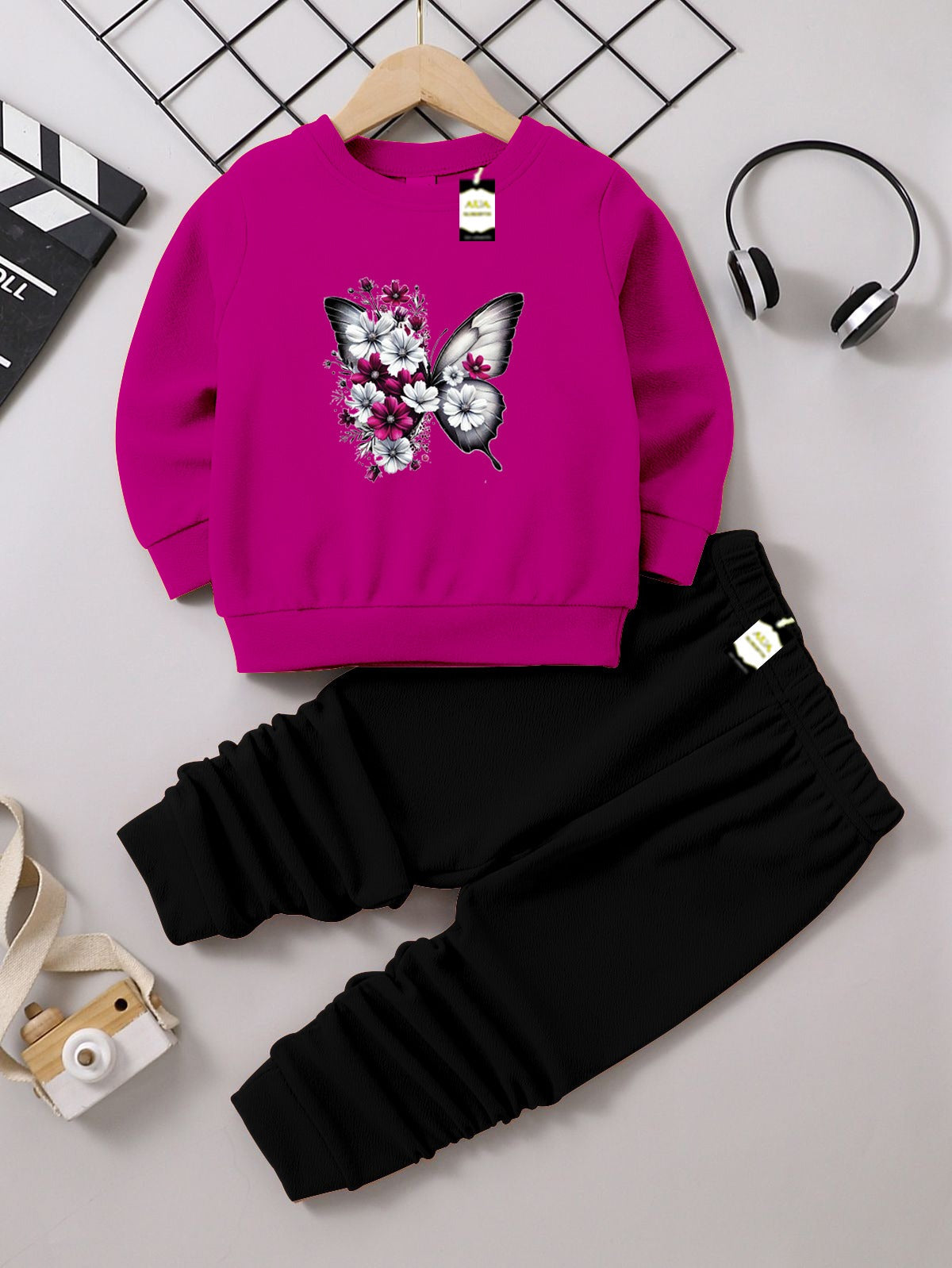 Girls Sweatshirt & Trouser Set | Kids Fleece Winter Outfit (1-10 Years) ( Butterfly Print )