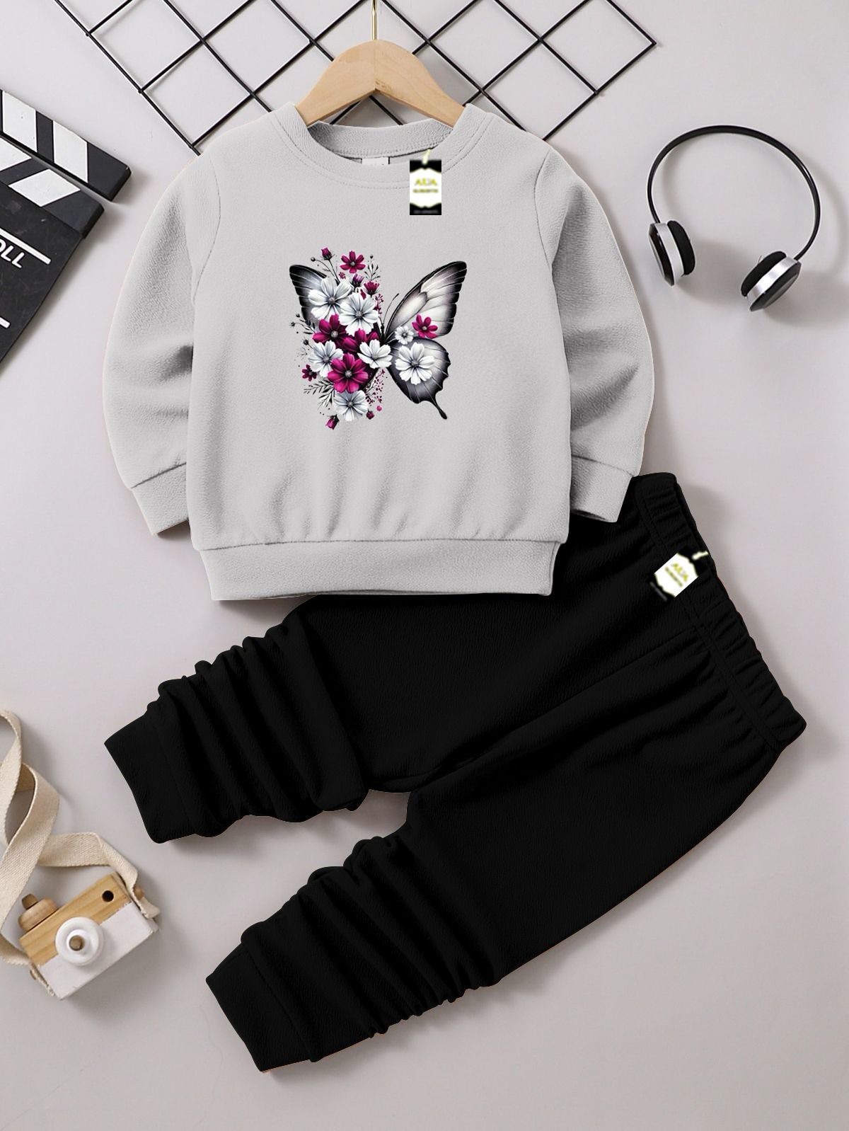 Girls Sweatshirt & Trouser Set | Kids Fleece Winter Outfit (1-10 Years) ( Butterfly Print )