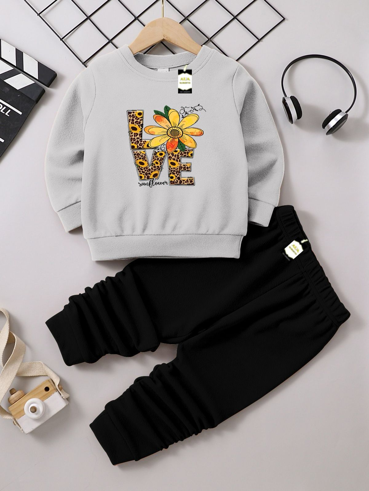 Girls Sweatshirt & Trouser Set | Kids Fleece Winter Outfit (1-10 Years) (Sunflower Love Print )