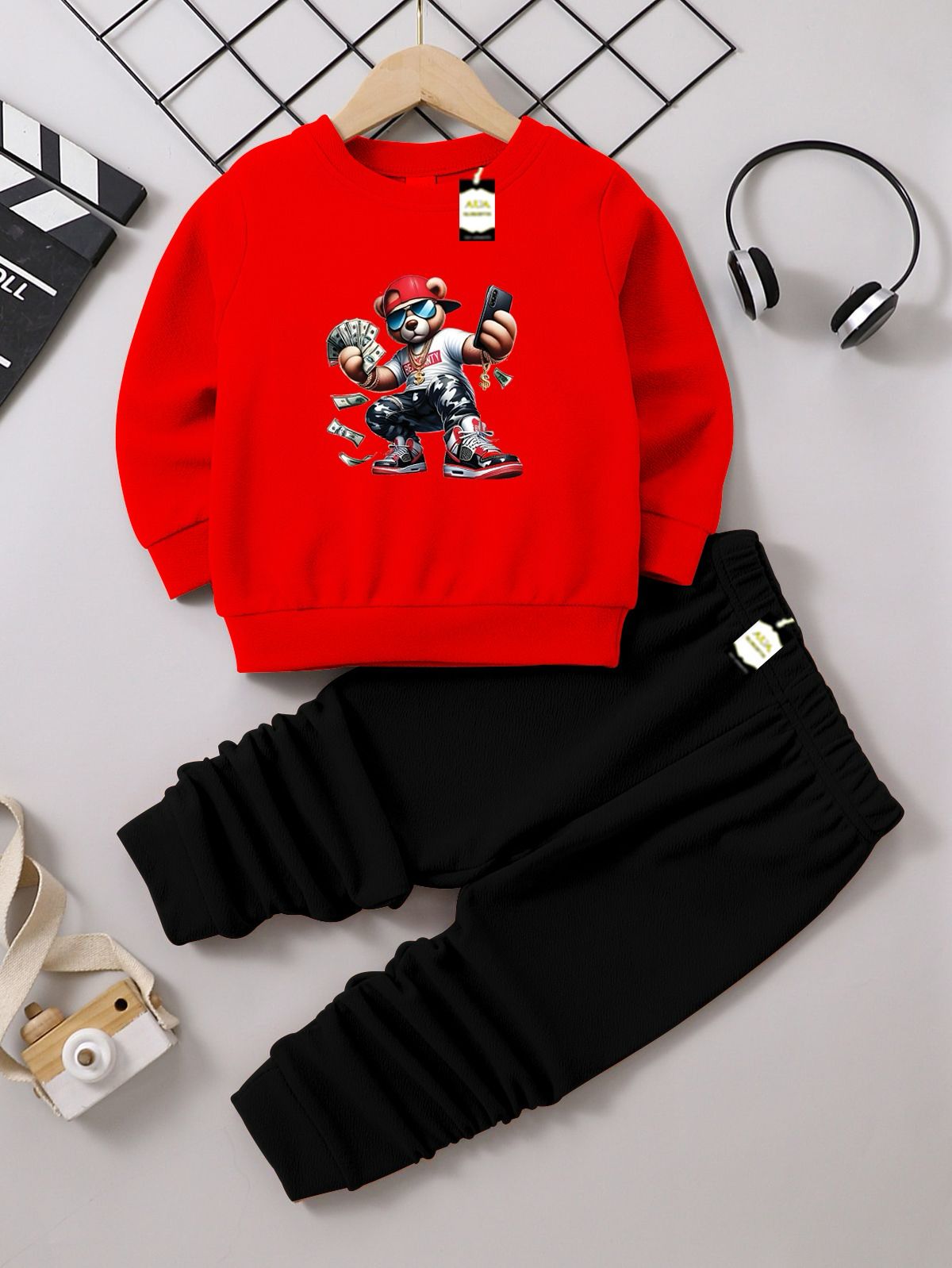 Boys Sweatshirt & Trouser Set | Kids Fleece Winter Outfit (1-10 Years) ( Rich Bear Print )