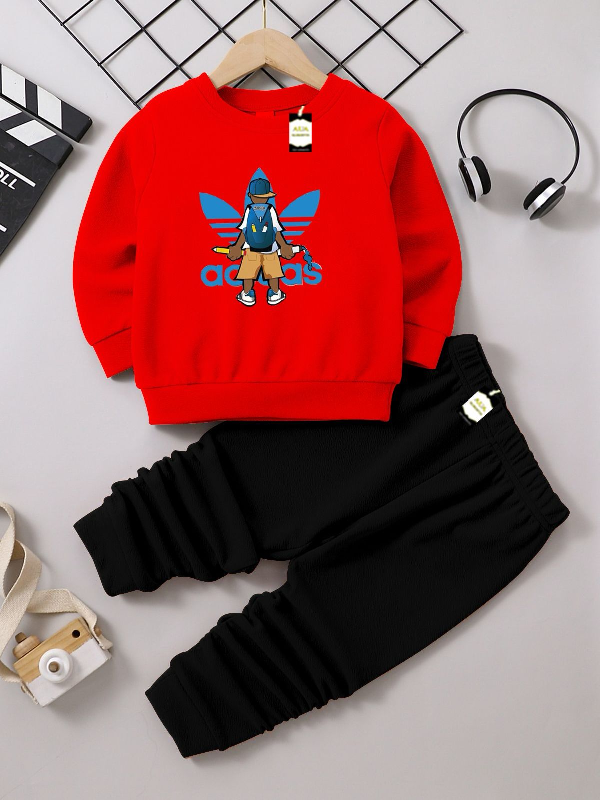 Adi-das Boys Sweatshirt & Trouser Set | Kids Fleece Winter Outfit (1-10 Years) (Backpack Boy Cartoon Print Adi-das)