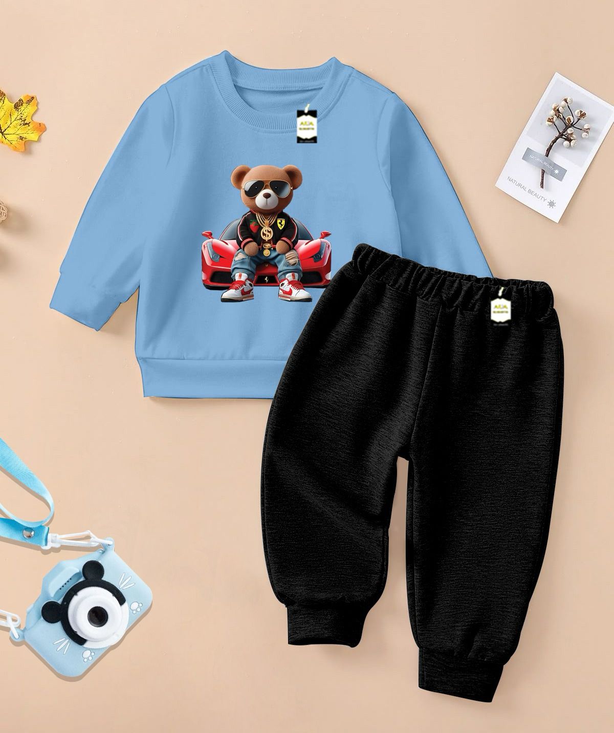 Boys Sweatshirt & Trouser Set | Kids Fleece Winter Outfit (1-10 Years) (Car With Bear)