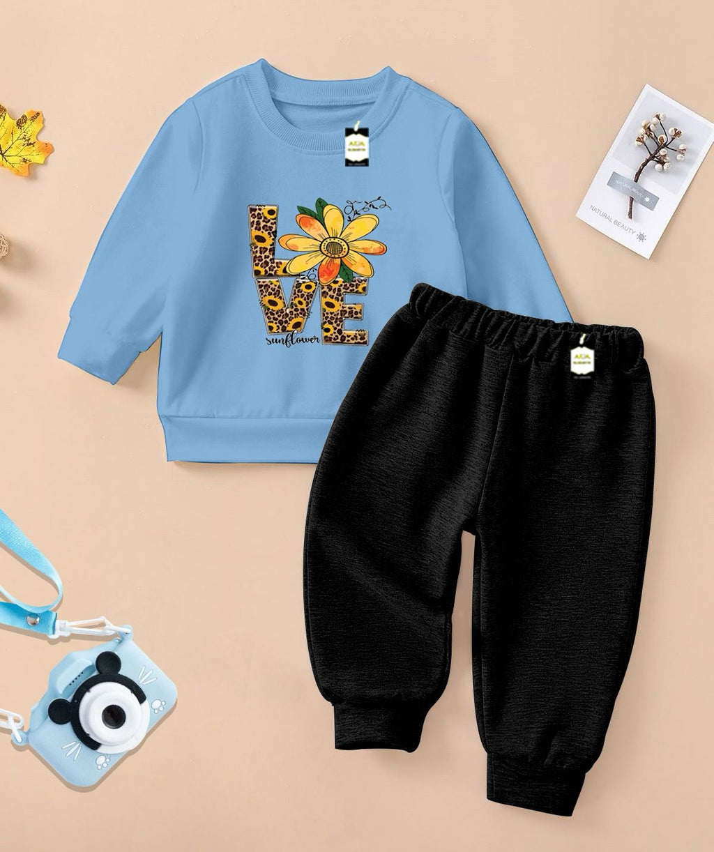 Girls Sweatshirt & Trouser Set | Kids Fleece Winter Outfit (1-10 Years) (Sunflower Love Print )