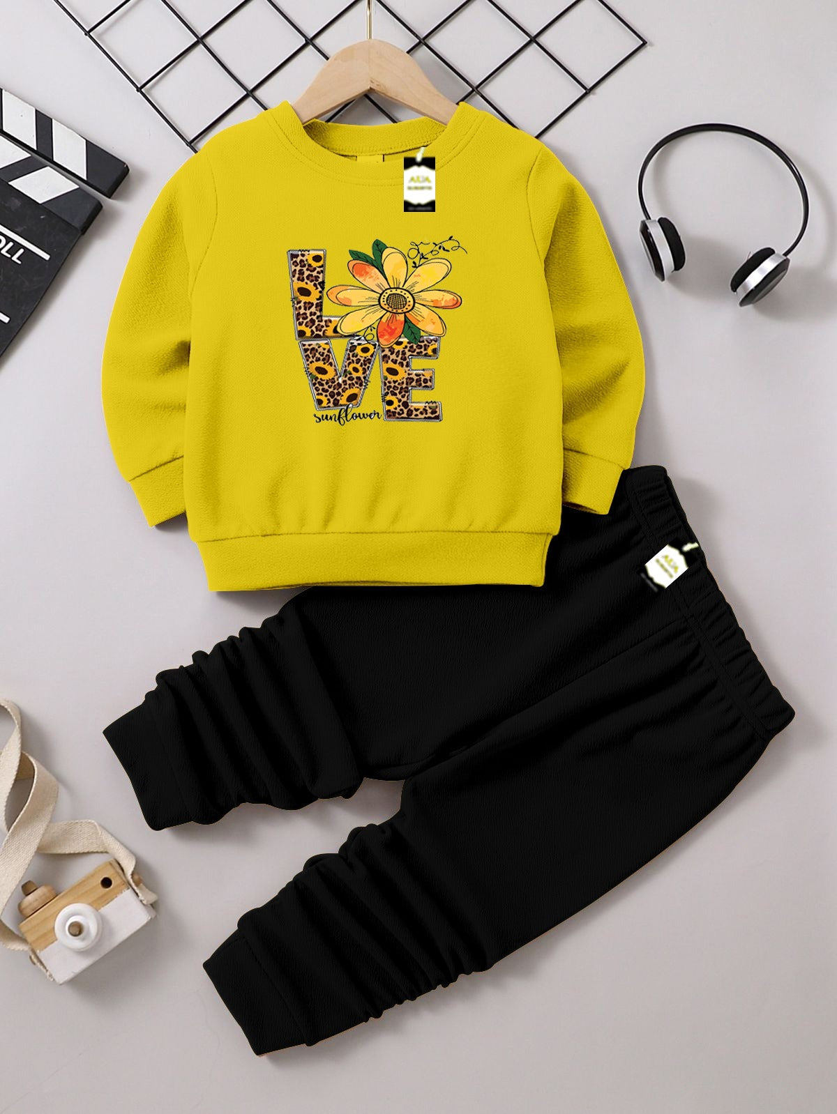 Girls Sweatshirt & Trouser Set | Kids Fleece Winter Outfit (1-10 Years) (Sunflower Love Print )