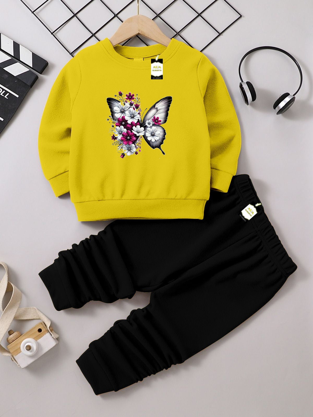 Girls Sweatshirt & Trouser Set | Kids Fleece Winter Outfit (1-10 Years) ( Butterfly Print )