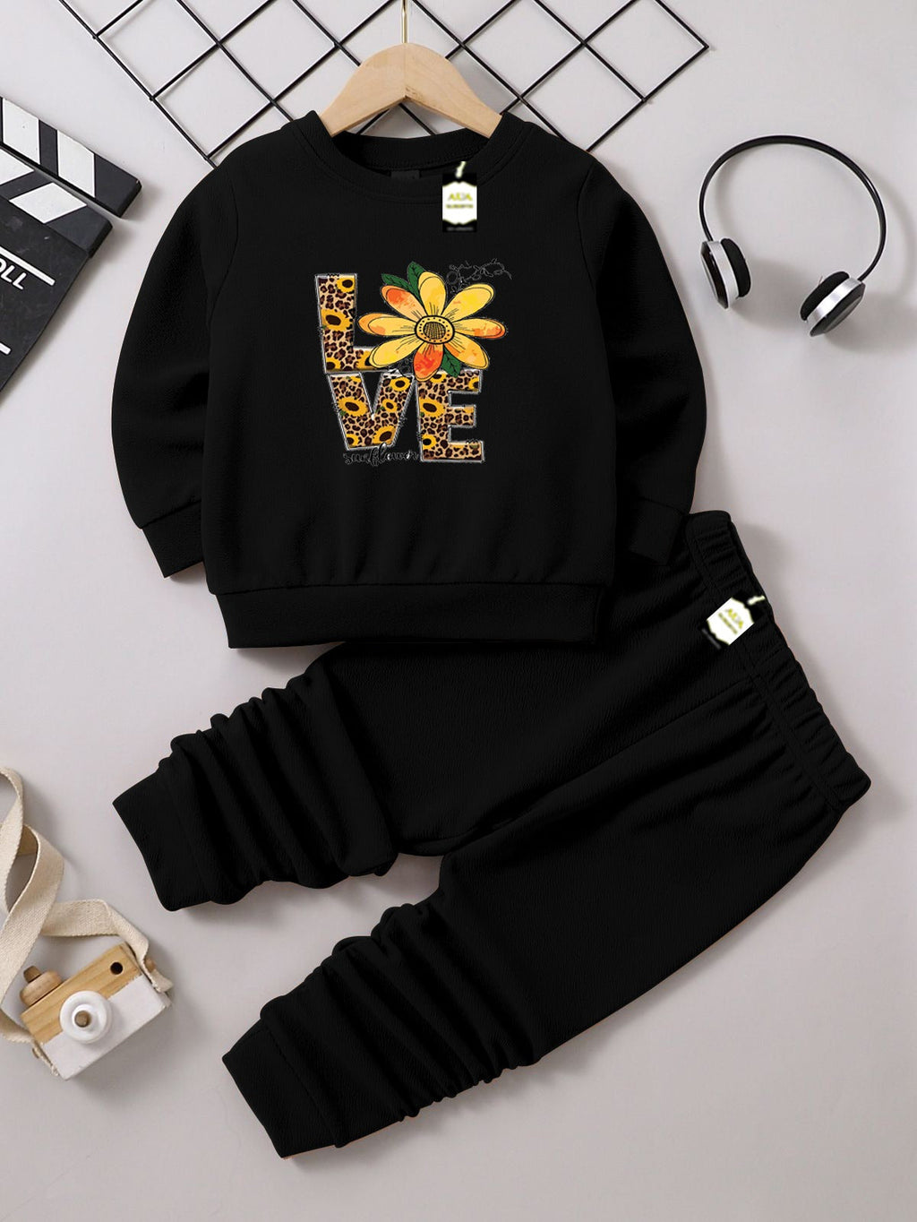 Girls Sweatshirt & Trouser Set | Kids Fleece Winter Outfit (1-10 Years) (Sunflower Love Print )