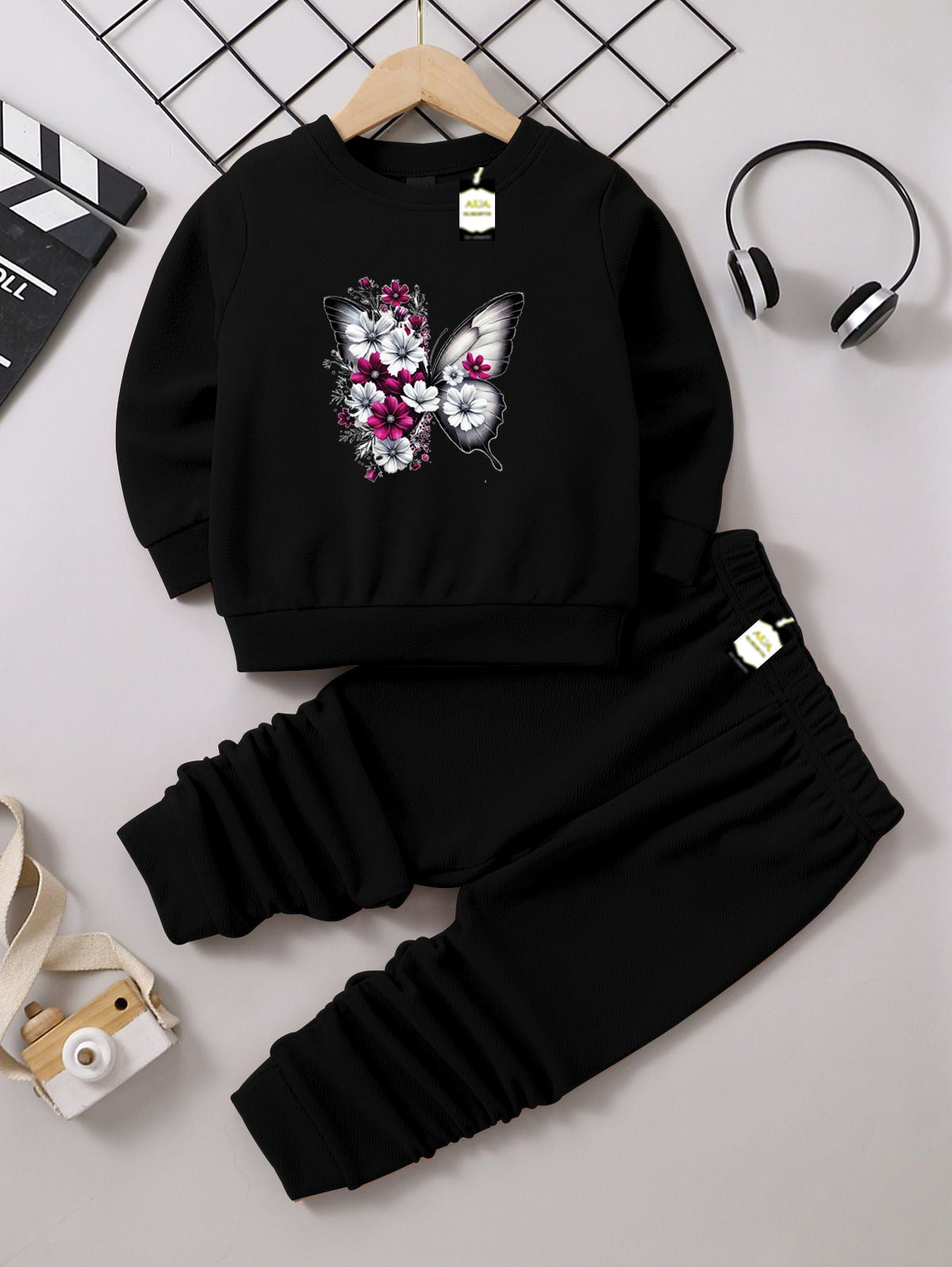 Girls Sweatshirt & Trouser Set | Kids Fleece Winter Outfit (1-10 Years) ( Butterfly Print )