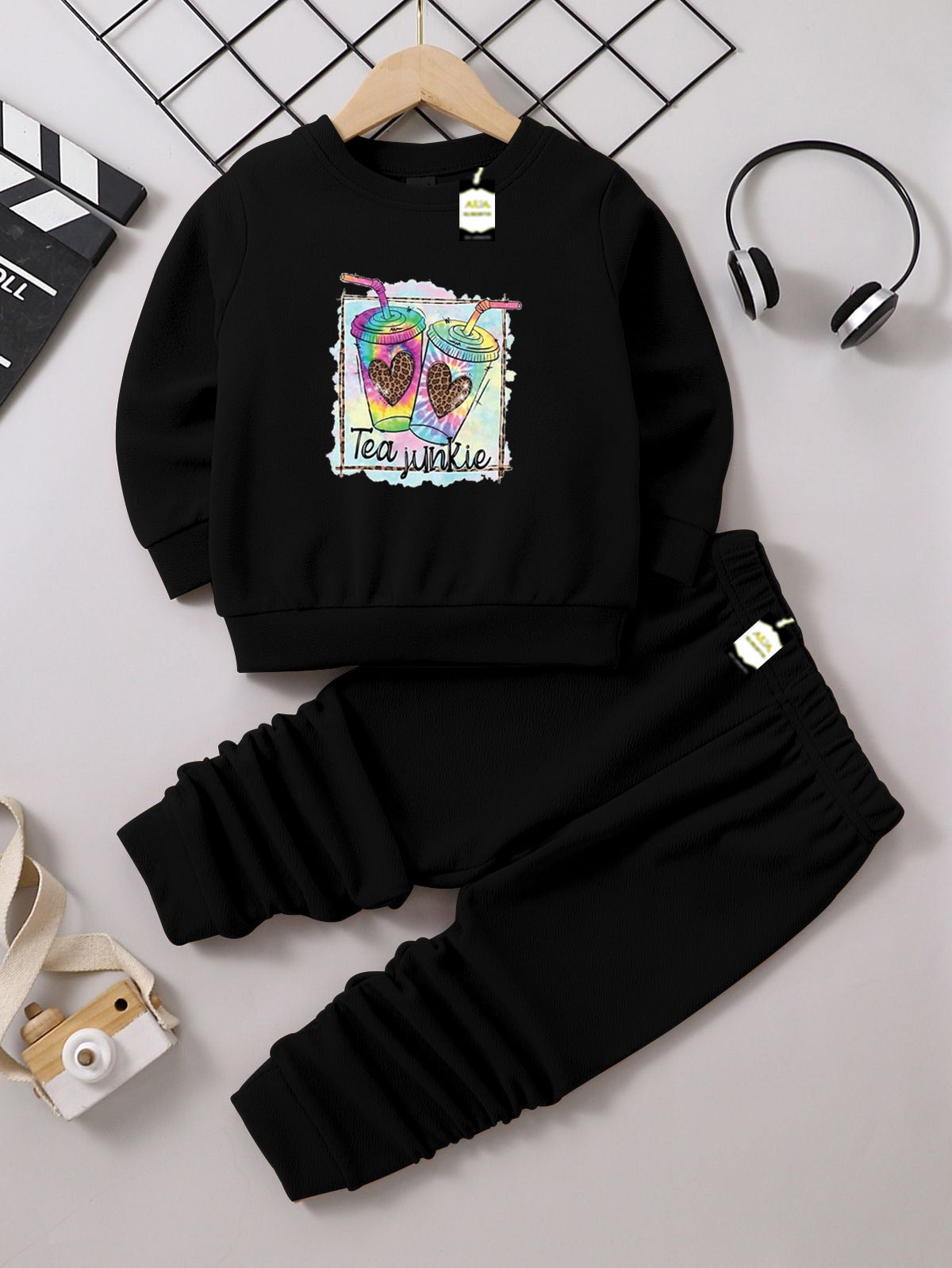 Girls Sweatshirt & Trouser Set | Kids Fleece Winter Outfit (1-10 Years) ( Tea Junkie Print )