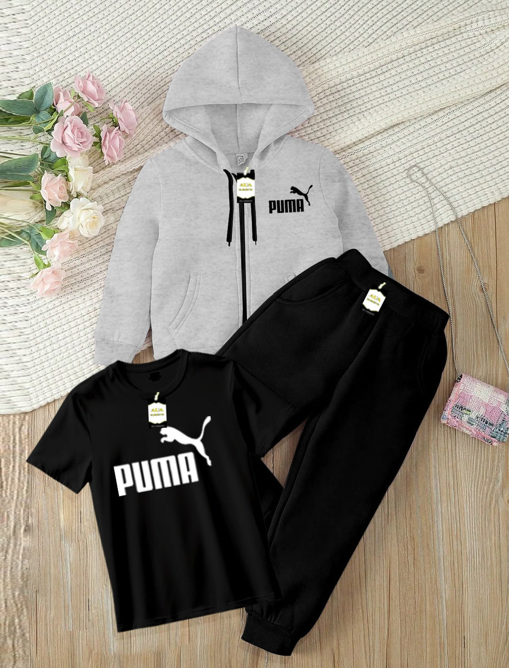 Kids Boys 3 Piece Fleece Tracksuit Set – Zipper With Hoodie, T-Shirt & Trouser ( PU-MA Printed )