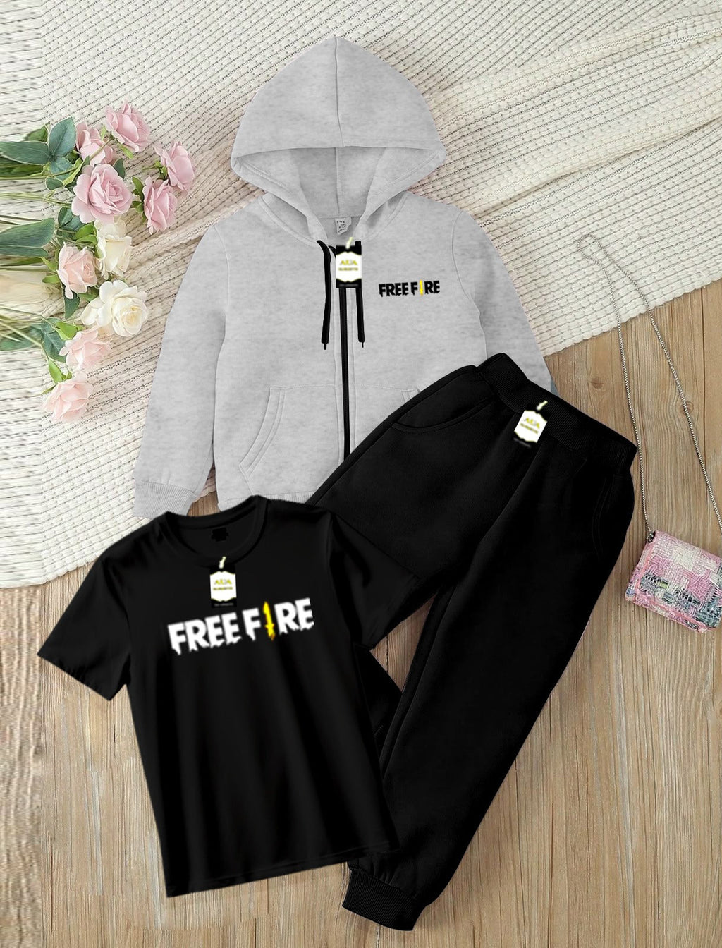 Kids Boys 3 Piece Fleece Tracksuit Set – Zipper With Hoodie, T-Shirt & Trouser ( FREE-FIRE Printed )