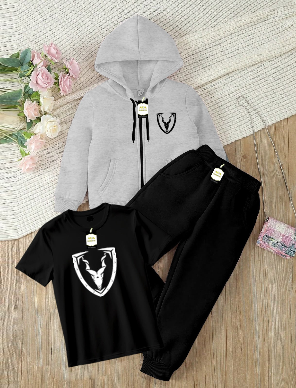 Kids Boys 3 Piece Fleece Tracksuit Set – Zipper With Hoodie, T-Shirt & Trouser ( Mar-Khor Printed )