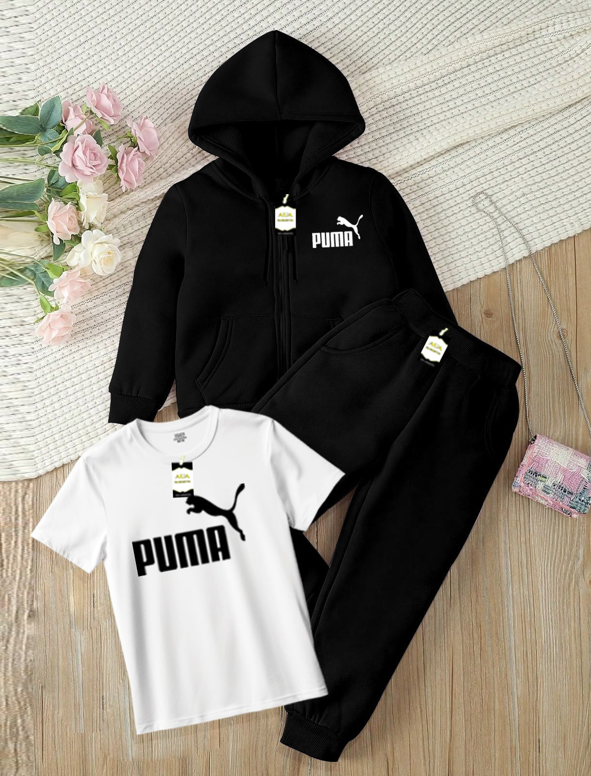 Kids Boys 3 Piece Fleece Tracksuit Set – Zipper With Hoodie, T-Shirt & Trouser ( PU-MA Printed )