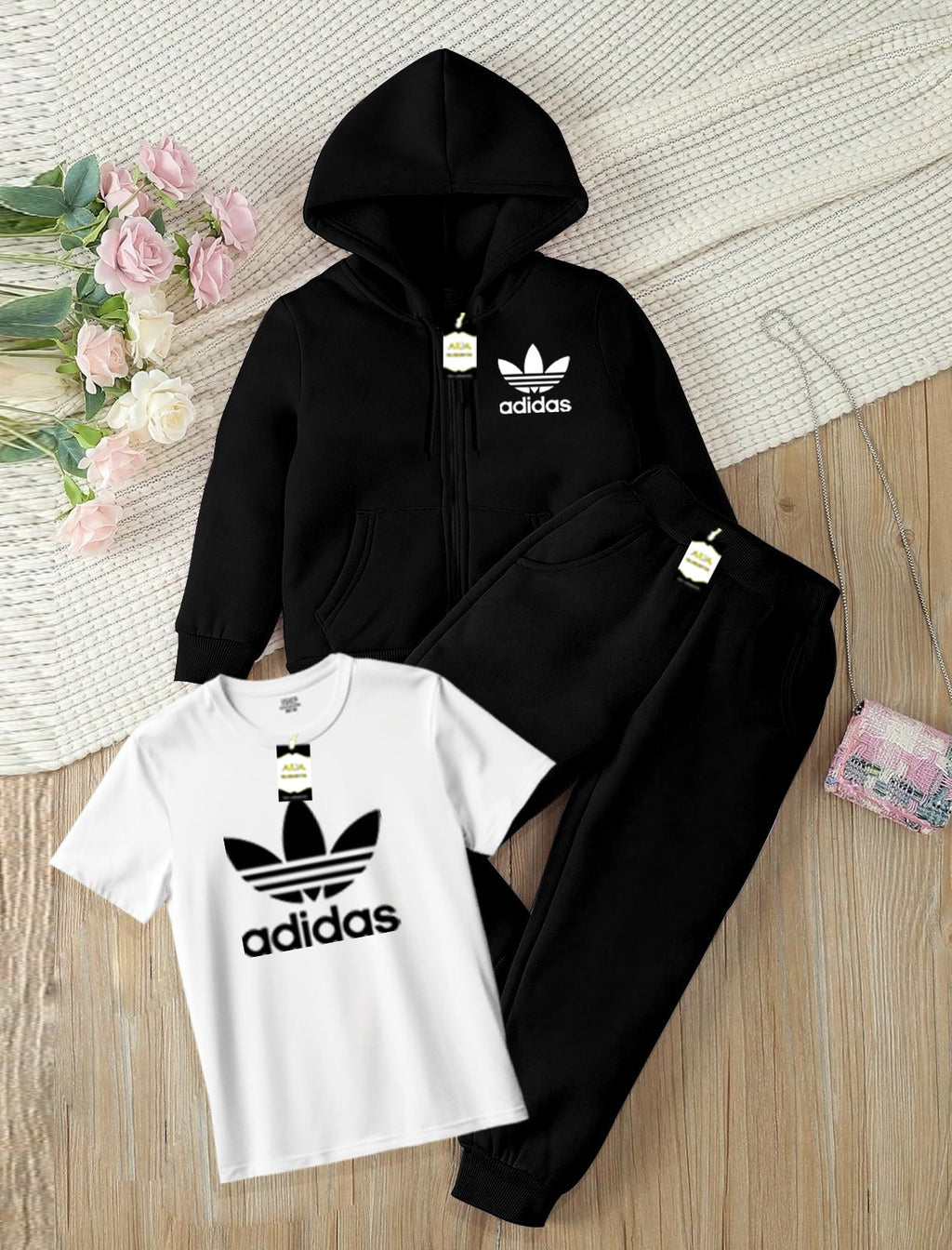 Kids Boys 3 Piece Fleece Tracksuit Set – Zipper With Hoodie, T-Shirt & Trouser ( ADI-DAS Printed )