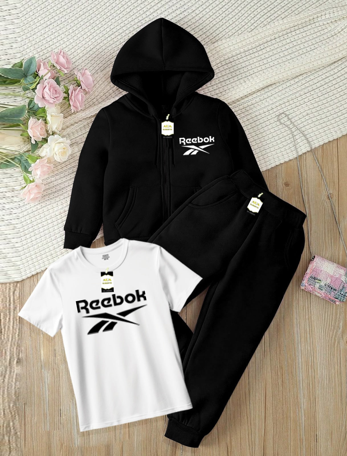 Kids Boys 3 Piece Fleece Tracksuit Set – Zipper With Hoodie, T-Shirt & Trouser ( REE-BOK Printed )