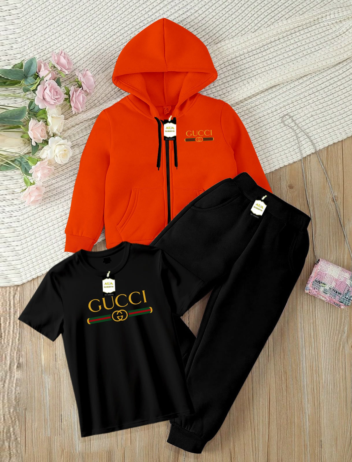 Kids Boys 3 Piece Fleece Tracksuit Set – Zipper With Hoodie, T-Shirt & Trouser ( Guc-ci Printed )