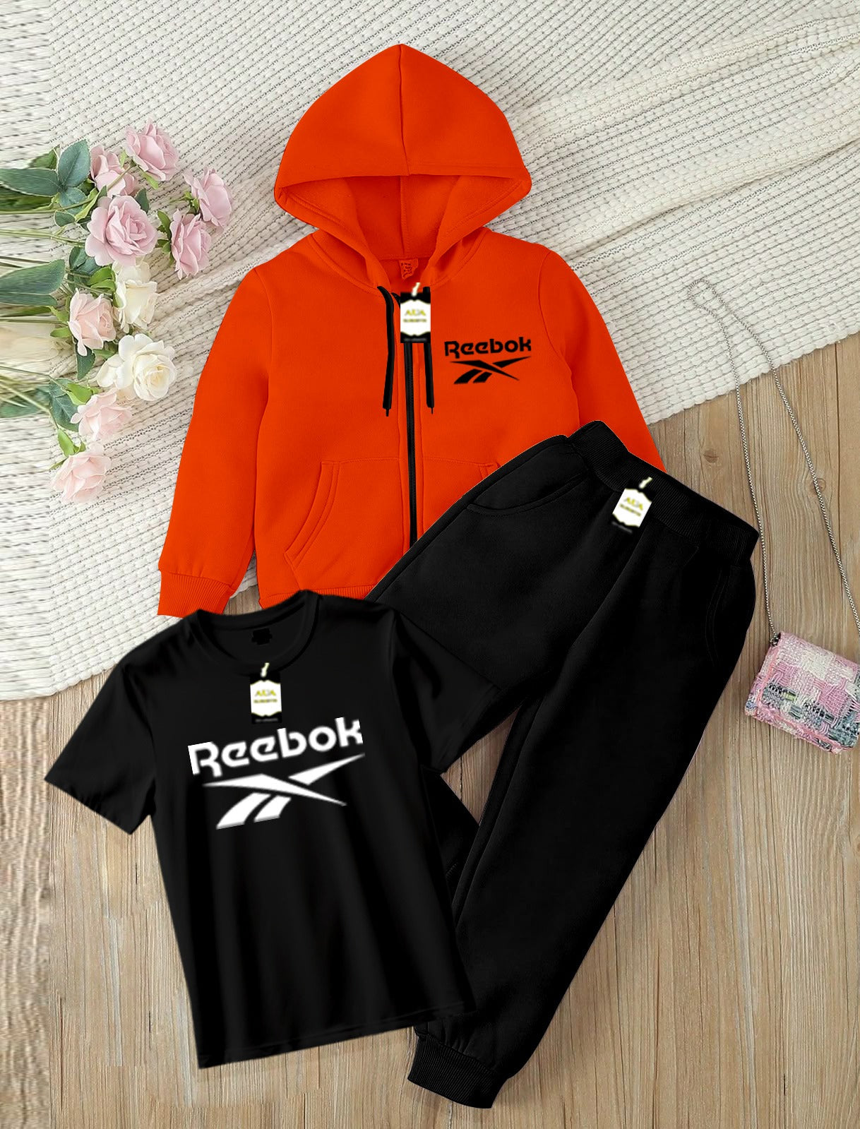 Kids Boys 3 Piece Fleece Tracksuit Set – Zipper With Hoodie, T-Shirt & Trouser ( REE-BOK Printed )