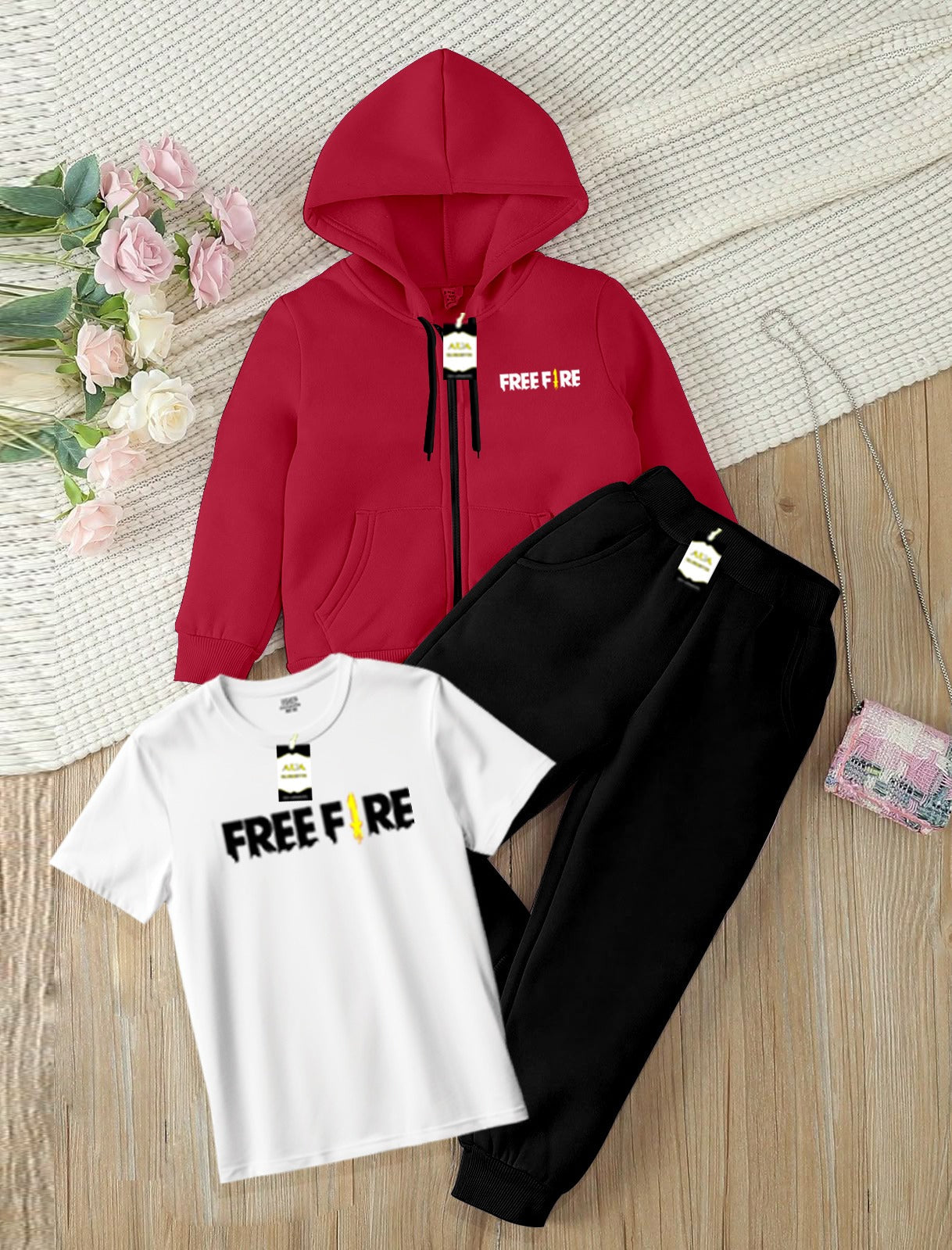 Kids Boys 3 Piece Fleece Tracksuit Set – Zipper With Hoodie, T-Shirt & Trouser ( FREE-FIRE Printed )