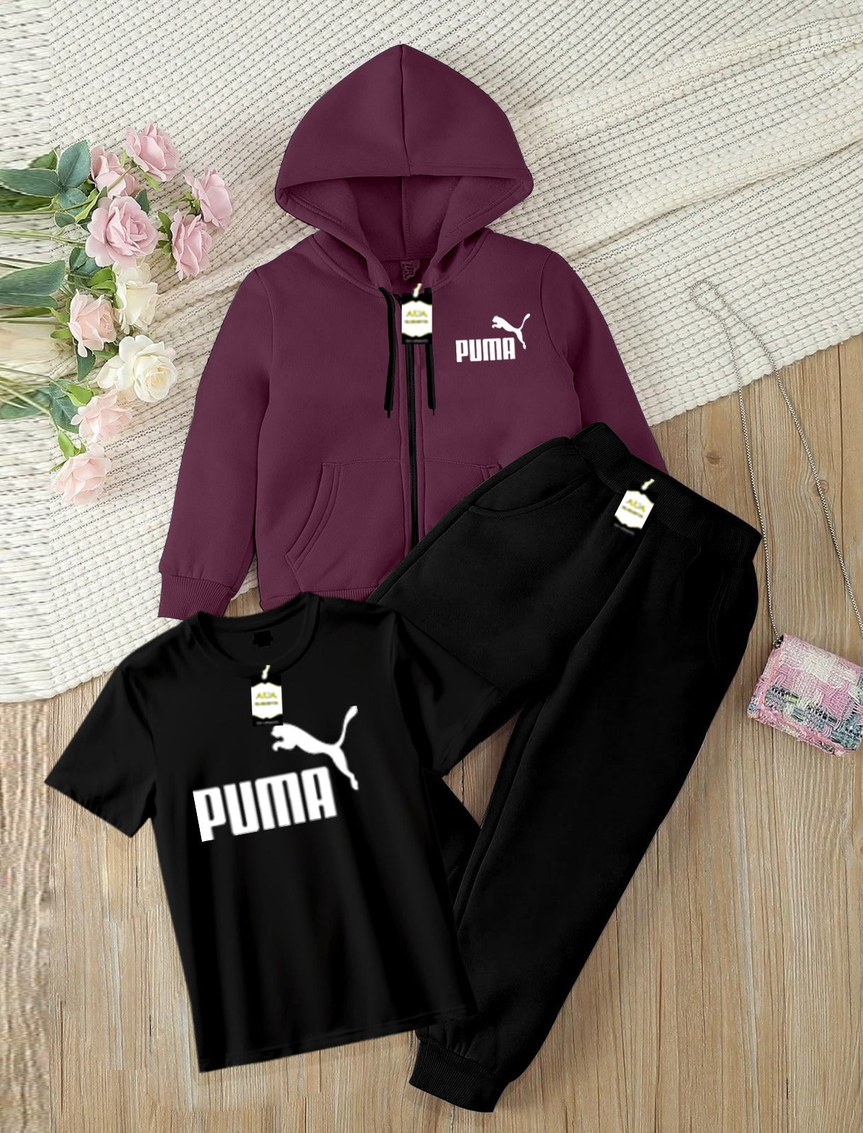 Kids Boys 3 Piece Fleece Tracksuit Set – Zipper With Hoodie, T-Shirt & Trouser ( PU-MA Printed )