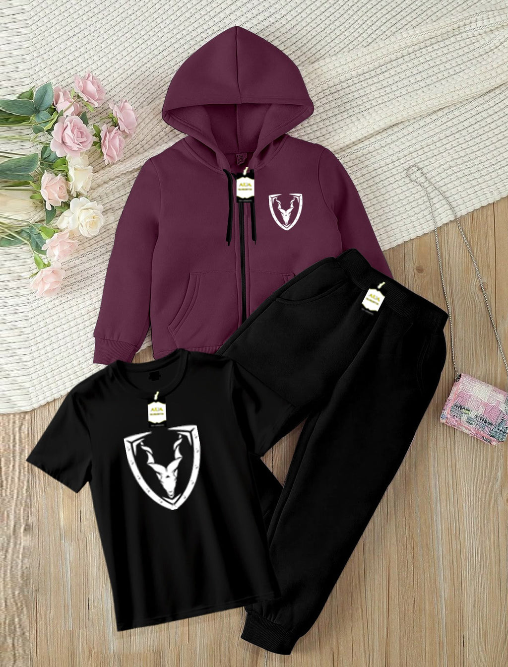 Kids Boys 3 Piece Fleece Tracksuit Set – Zipper With Hoodie, T-Shirt & Trouser ( Mar-Khor Printed )