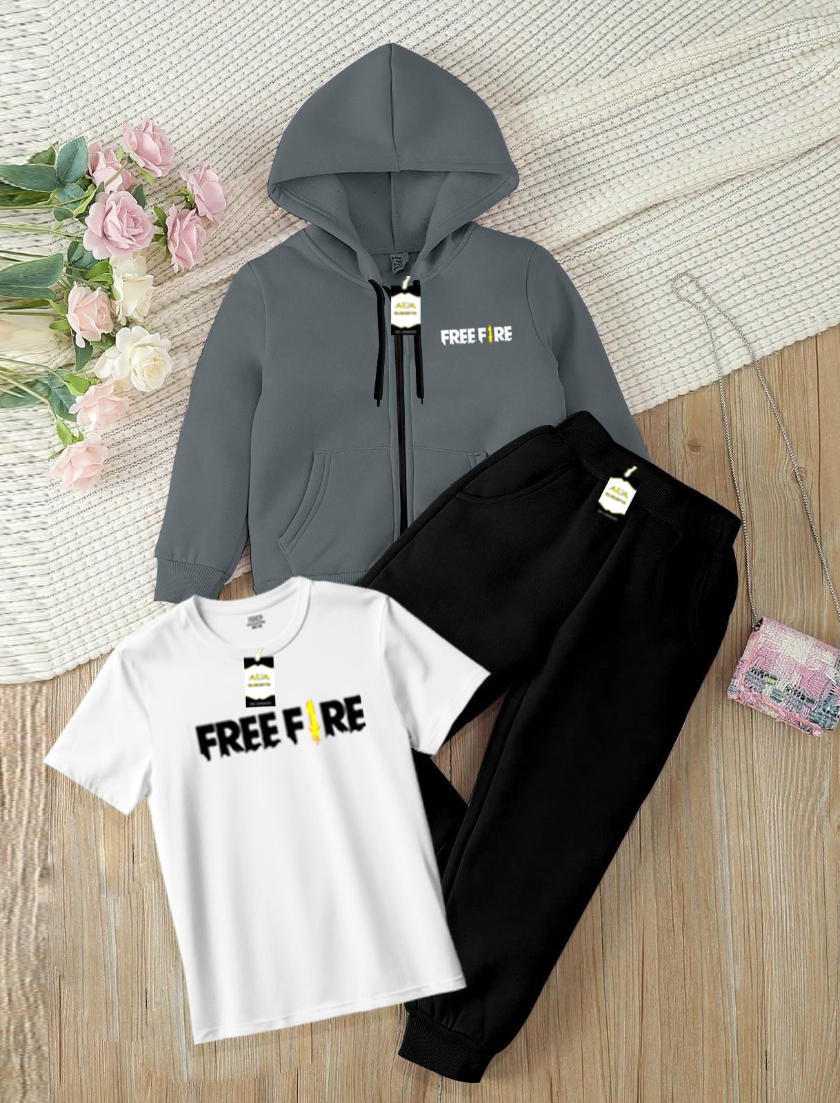 Kids Boys 3 Piece Fleece Tracksuit Set – Zipper With Hoodie, T-Shirt & Trouser ( FREE-FIRE Printed )