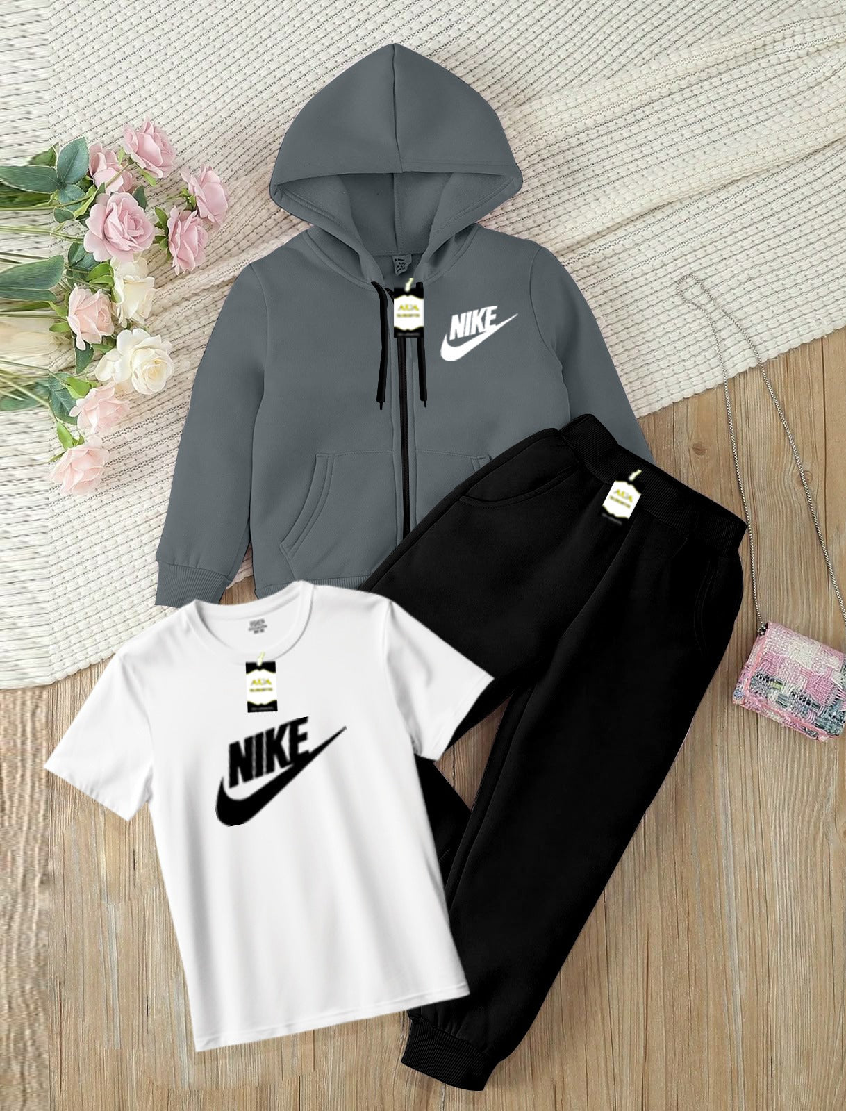 Kids Boys 3 Piece Fleece Tracksuit Set – Zipper With Hoodie, T-Shirt & Trouser ( Ni-ke Printed )