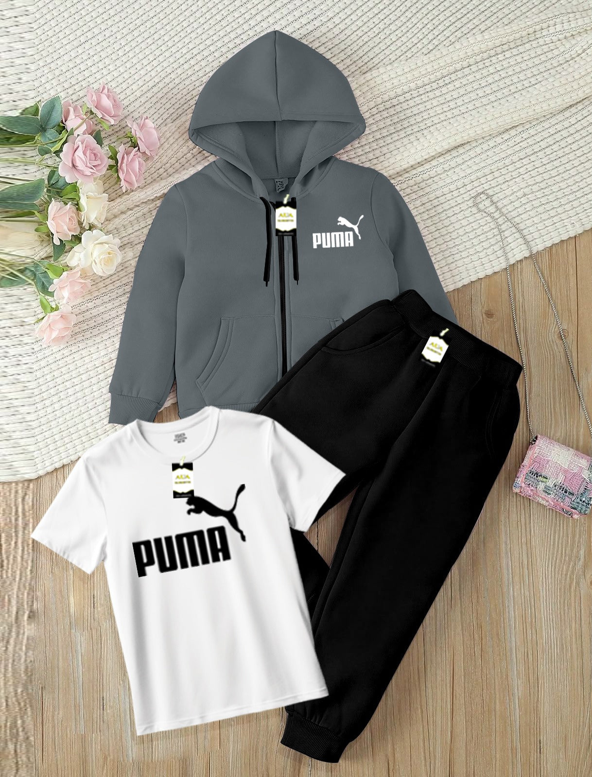 Kids Boys 3 Piece Fleece Tracksuit Set – Zipper With Hoodie, T-Shirt & Trouser ( PU-MA Printed )