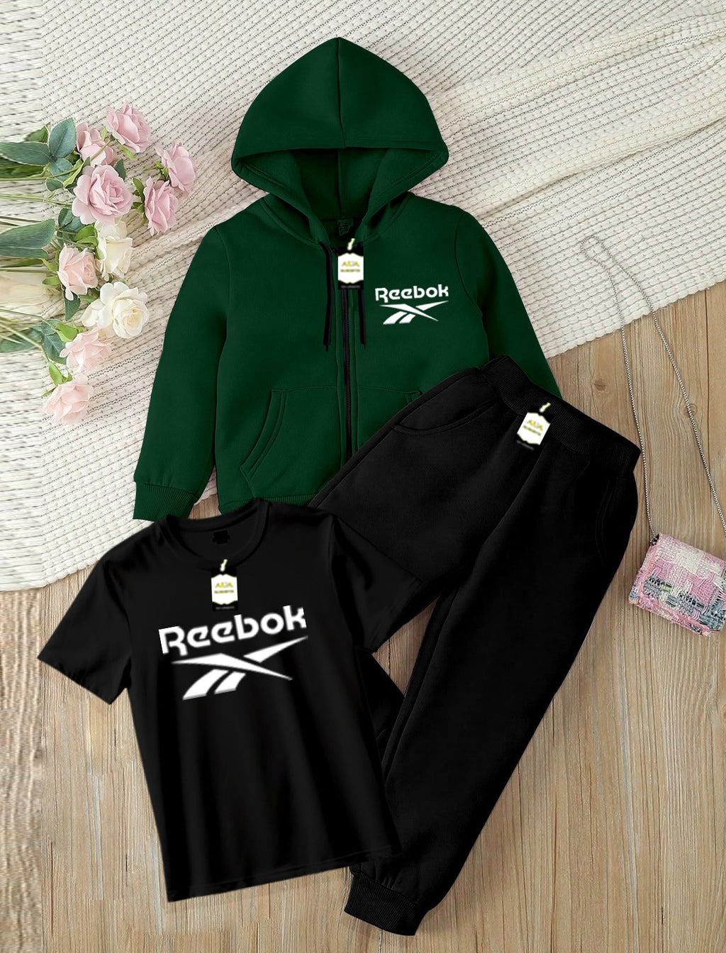 Kids Boys 3 Piece Fleece Tracksuit Set – Zipper With Hoodie, T-Shirt & Trouser ( REE-BOK Printed )