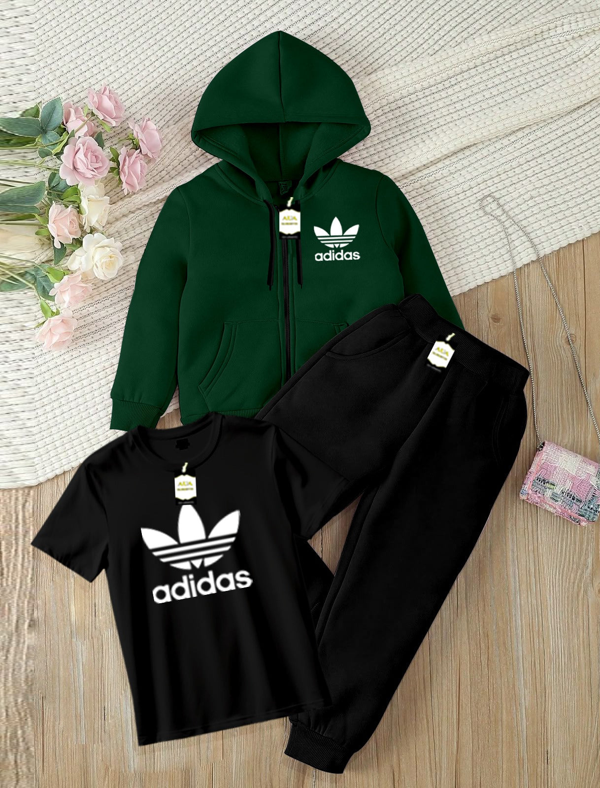 Kids Boys 3 Piece Fleece Tracksuit Set – Zipper With Hoodie, T-Shirt & Trouser ( ADI-DAS Printed )