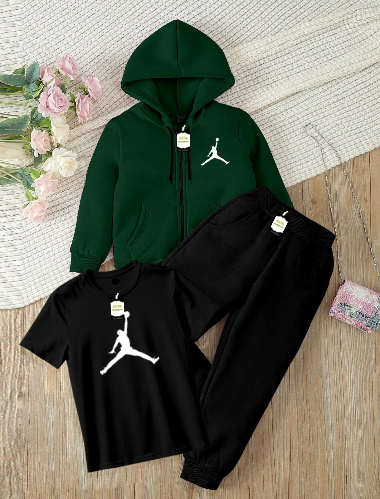 Kids Boys 3 Piece Fleece Tracksuit Set – Zipper With Hoodie, T-Shirt & Trouser ( JOR-DAN Printed )