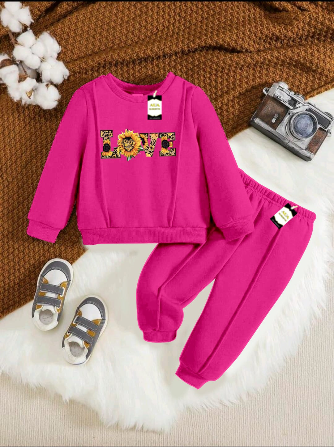 With Mix Print Sweatshirt & Trouser Set | Kids Fleece Winter Outfit For Girls (1-10 Years)Flower Love