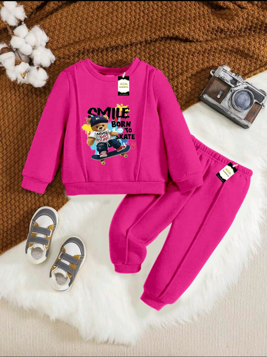 With Mix Print Sweatshirt & Trouser Set | Kids Fleece Winter Outfit For Girls (1-10 Years)Smile In the born