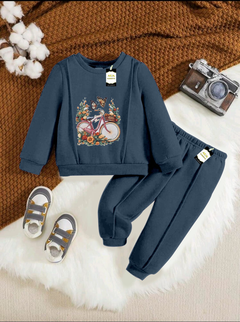 With Mix Print Sweatshirt & Trouser Set | Kids Fleece Winter Outfit For Girls (1-10 Years)Floral Bicycle Print