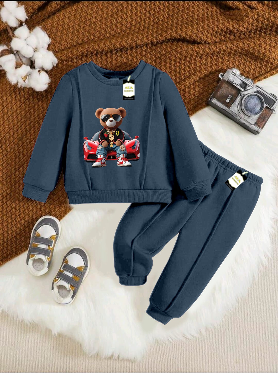 With Mix Print Sweatshirt & Trouser Set | Kids Fleece Winter Outfit For Girls (1-10 Years)Car With Bear