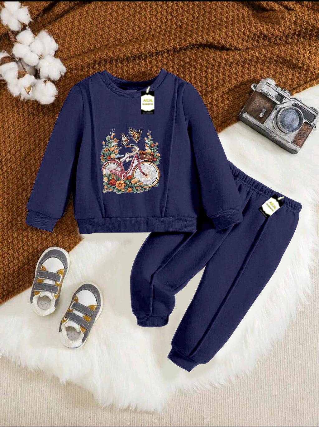 With Mix Print Sweatshirt & Trouser Set | Kids Fleece Winter Outfit For Girls (1-10 Years)Floral Bicycle Print