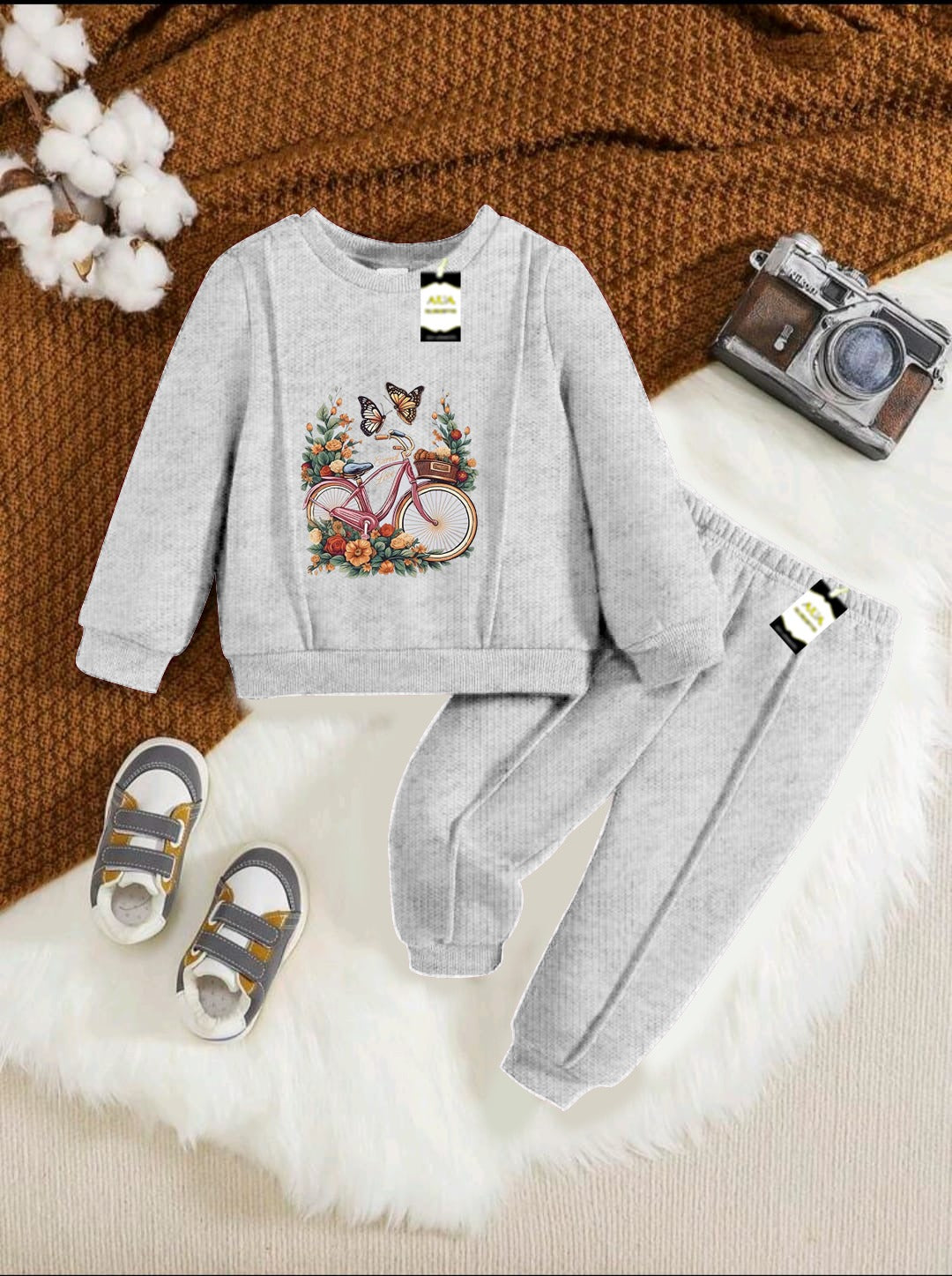 With Mix Print Sweatshirt & Trouser Set | Kids Fleece Winter Outfit For Girls (1-10 Years)Floral Bicycle Print