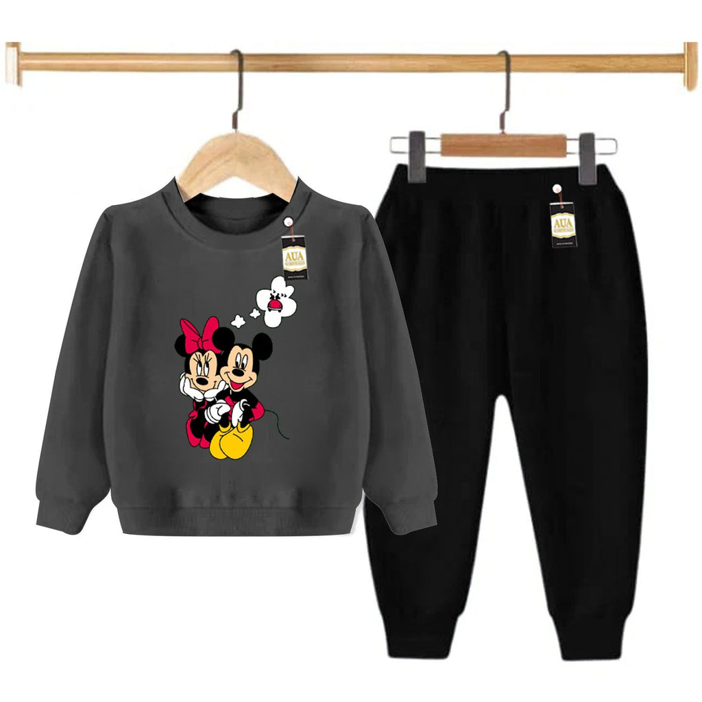 Dark Grey and Black (Micky Mouse) Printed Kids Tracksuit for Winter By Aua Garments