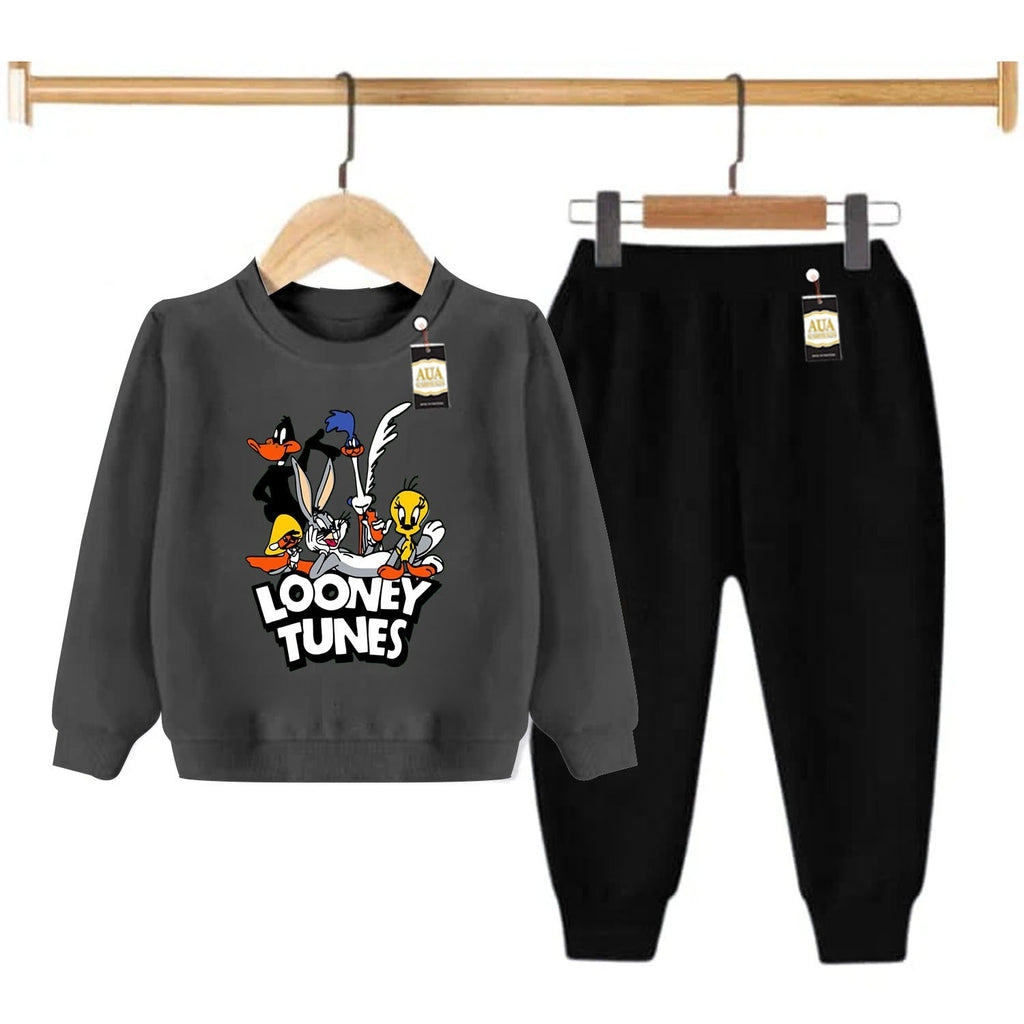 Dark Grey and Black (Looney Tunes ) Printed Kids Tracksuit for Winter By Aua Garments