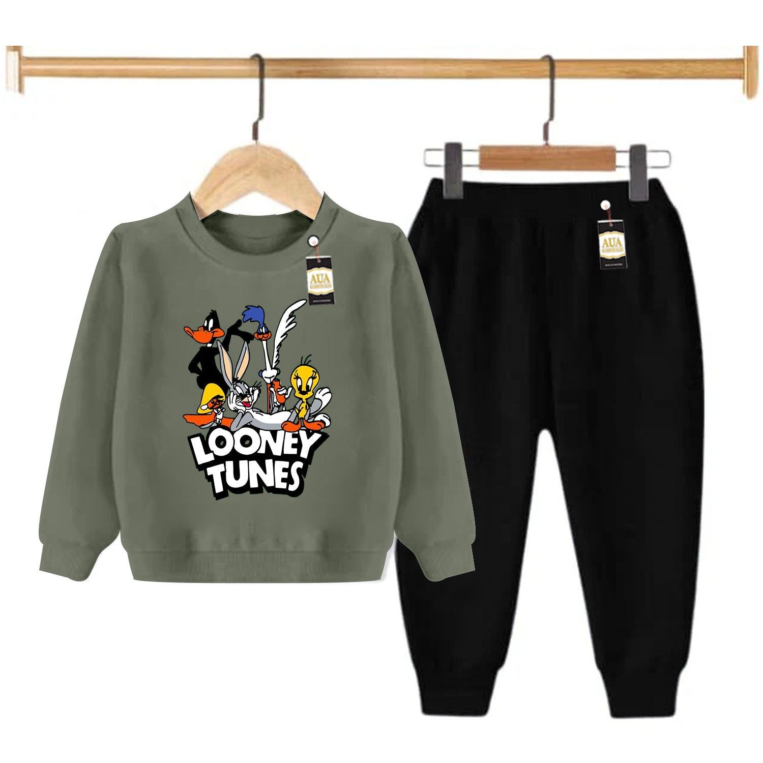 Light Green  and Black (Looney Tunes ) Printed Kids Tracksuit for Winter By Aua Garments
