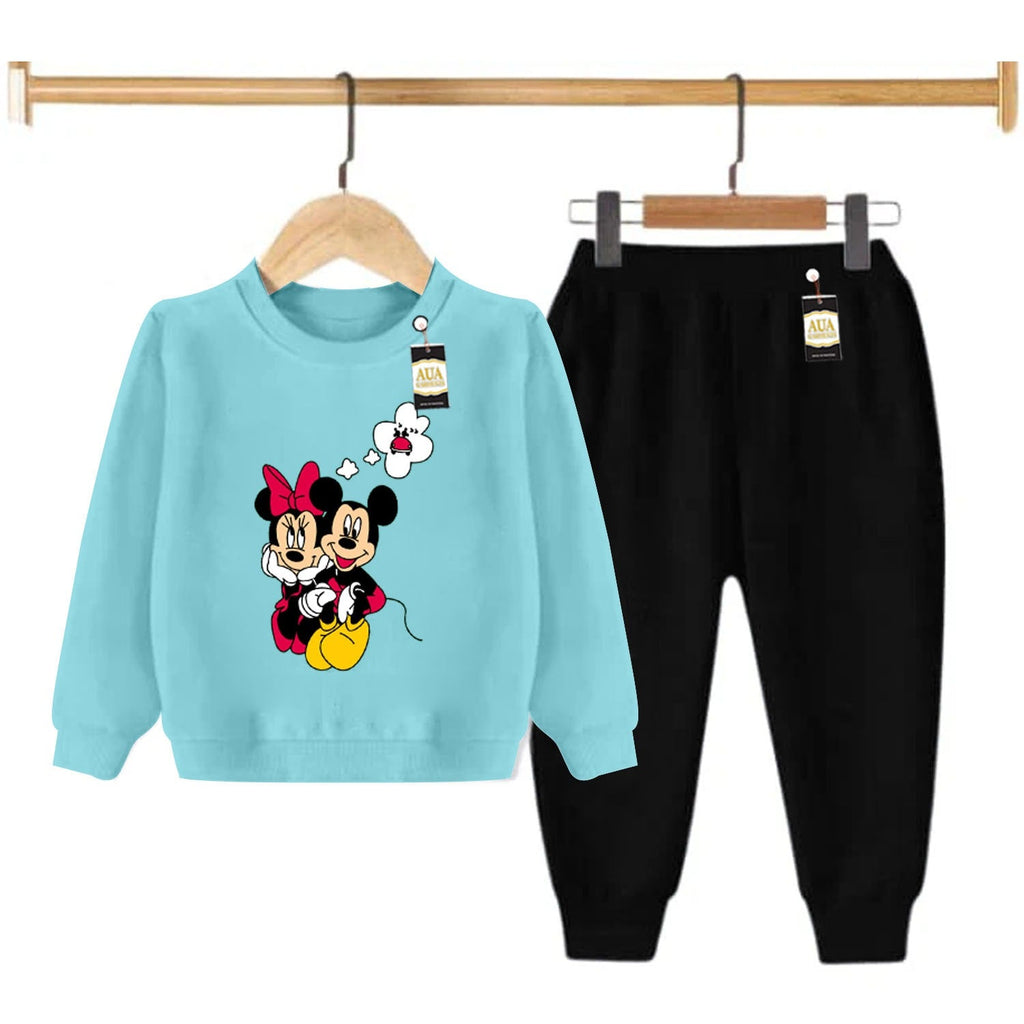 Sky Blue and Black (Micky Mouse) Printed Kids Tracksuit for Winter By Aua Garments