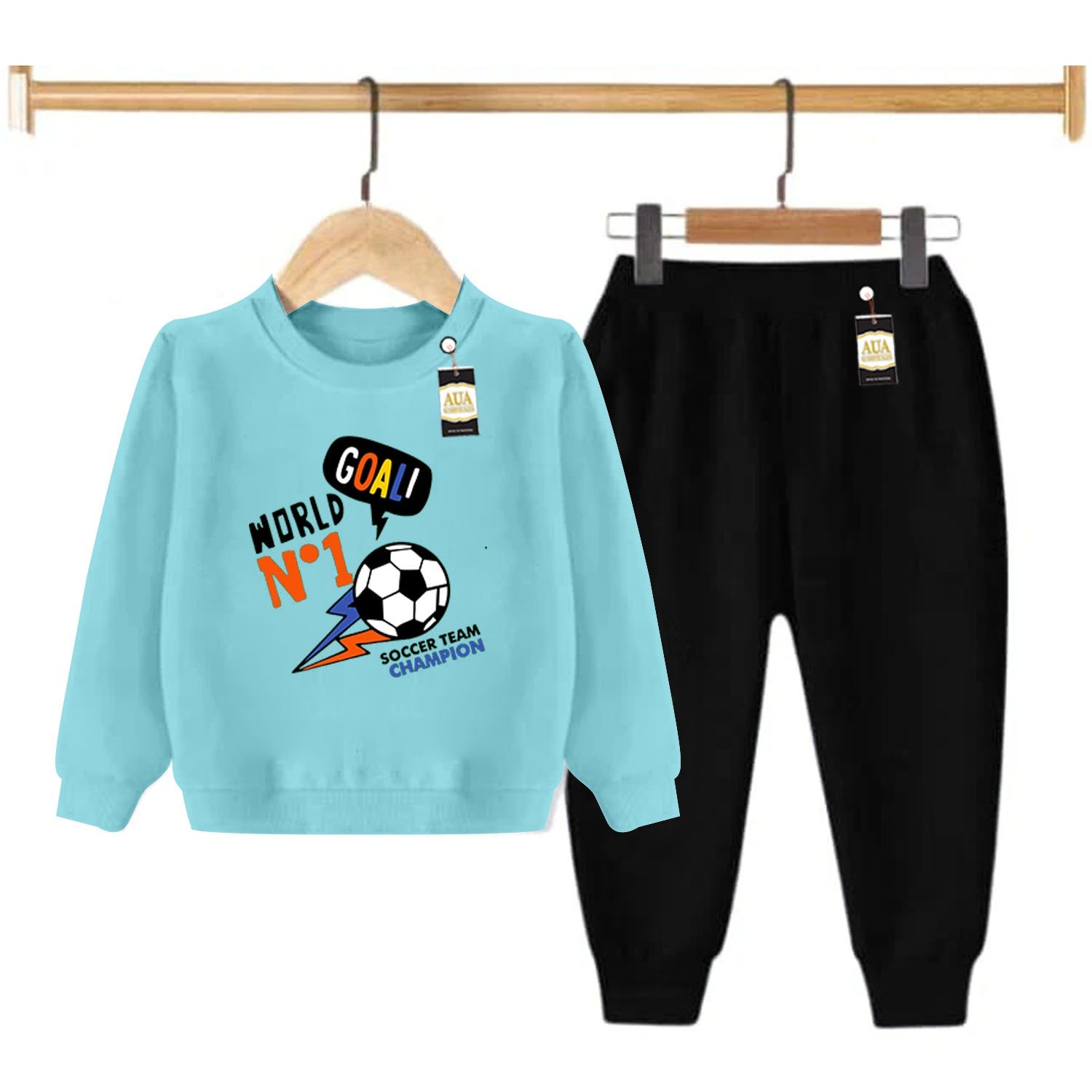 Sky Blue and Black (Goal No 1 ) Printed Kids Tracksuit for Winter By Aua Garments